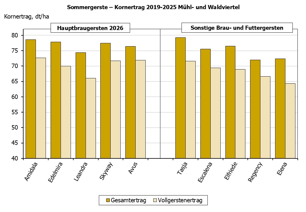 Sommergerste Kornertrag im Mühl- und Waldviertel