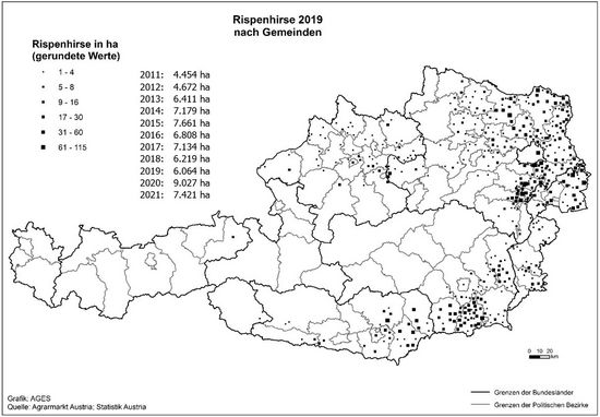 © AGES Österreichkarte, Rispenhirse-Anbaugebiete 2019 eingezeichnet nach Gemeinden und Hektar, die vorherige Tabelle enthält aktuelle Daten