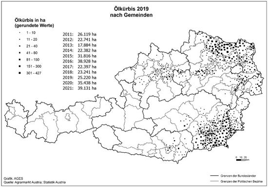 © AGES Österreichkarte, Ölkürbis-Anbaugebiete 2019 eingezeichnet nach Gemeinden und Hektar, die vorherige Tabelle enthält aktuelle Daten