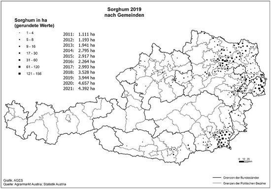 © AGES Österreichkarte, Sorghum-Anbaugebiete 2019 eingezeichnet nach Gemeinden und Hektar, die vorherige Tabelle enthält aktuelle Daten