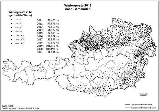 © AGES Österreichkarte, Wintergerste-Anbaugebiete 2019 eingezeichnet nach Gemeinden und Hektar, die vorherige Tabelle enthält aktuelle Daten
