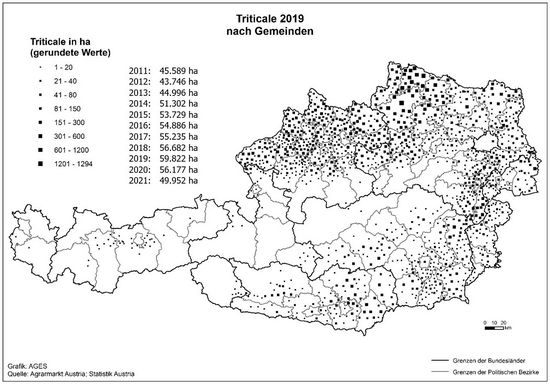 © AGES Österreichkarte, Triticale-Anbaugebiete 2019 eingezeichnet nach Gemeinden und Hektar, die vorherige Tabelle enthält aktuelle Daten