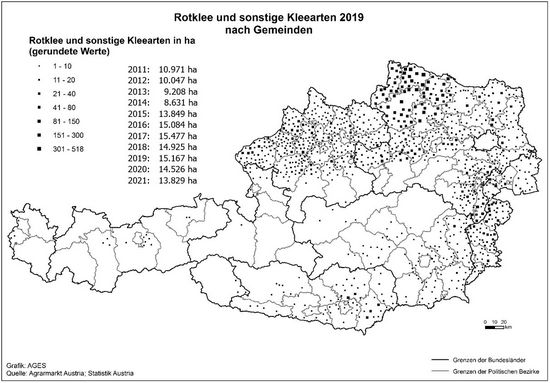 © AGES Österreichkarte, Klee-Anbaugebiete (Rotklee und sonstige Kleearten) 2019 eingezeichnet nach Gemeinden und Hektar, die vorherige Tabelle enthält aktuelle Daten