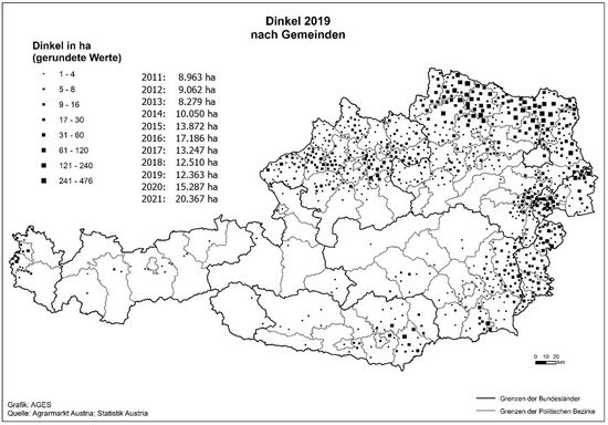 © AGES Österreichkarte, Dinkel-Anbaugebiete 2019 eingezeichnet nach Gemeinden und Hektar, die vorherige Tabelle enthält aktuelle Daten