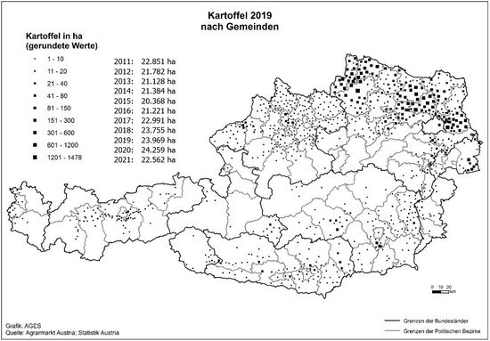 © AGES Österreichkarte, Kartoffel-Anbaugebiete 2019 eingezeichnet nach Gemeinden und Hektar, die vorherige Tabelle enthält aktuelle Daten