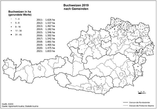 © AGES Österreichkarte, Buchweizen-Anbaugebiete 2019 eingezeichnet nach Gemeinden und Hektar, die vorherige Tabelle enthält aktuelle Daten