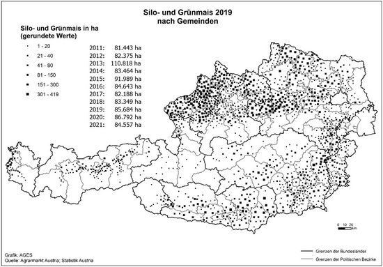 © AGES Österreichkarte, Silo- und Grünmais-Anbaugebiete 2019 eingezeichnet nach Gemeinden und Hektar, die vorherige Tabelle enthält aktuelle Daten