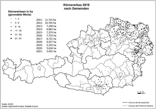 © AGES Österreichkarte, Körnererbse-Anbaugebiete 2019 eingezeichnet nach Gemeinden und Hektar, die vorherige Tabelle enthält aktuelle Daten