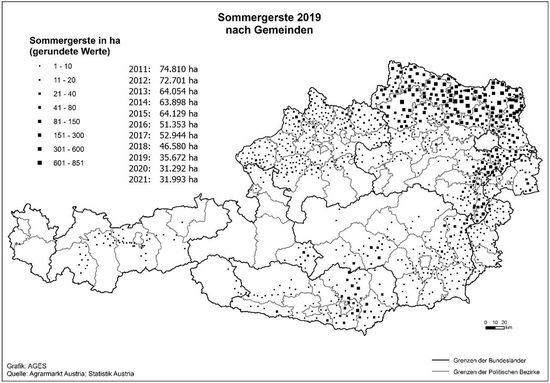 © AGES Österreichkarte, Sommergerste-Anbaugebiete 2019 eingezeichnet nach Gemeinden und Hektar, die vorherige Tabelle enthält aktuelle Daten