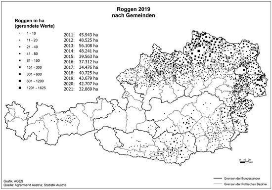 © AGES Österreichkarte, Roggen-Anbaugebiete 2019 eingezeichnet nach Gemeinden und Hektar, die vorherige Tabelle enthält aktuelle Daten