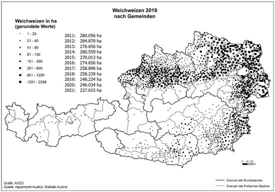 © AGES Österreichkarte, Weichweizen-Anbaugebiete 2019 eingezeichnet nach Gemeinden und Hektar, die vorherige Tabelle enthält aktuelle Daten
