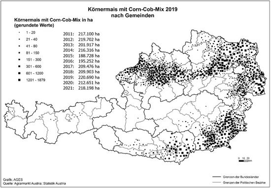 © AGES Österreichkarte, Körnermais-Anbaugebiete (inkl. Corn-Cob-Mix) 2019 eingezeichnet nach Gemeinden und Hektar, die vorherige Tabelle enthält aktuelle Daten