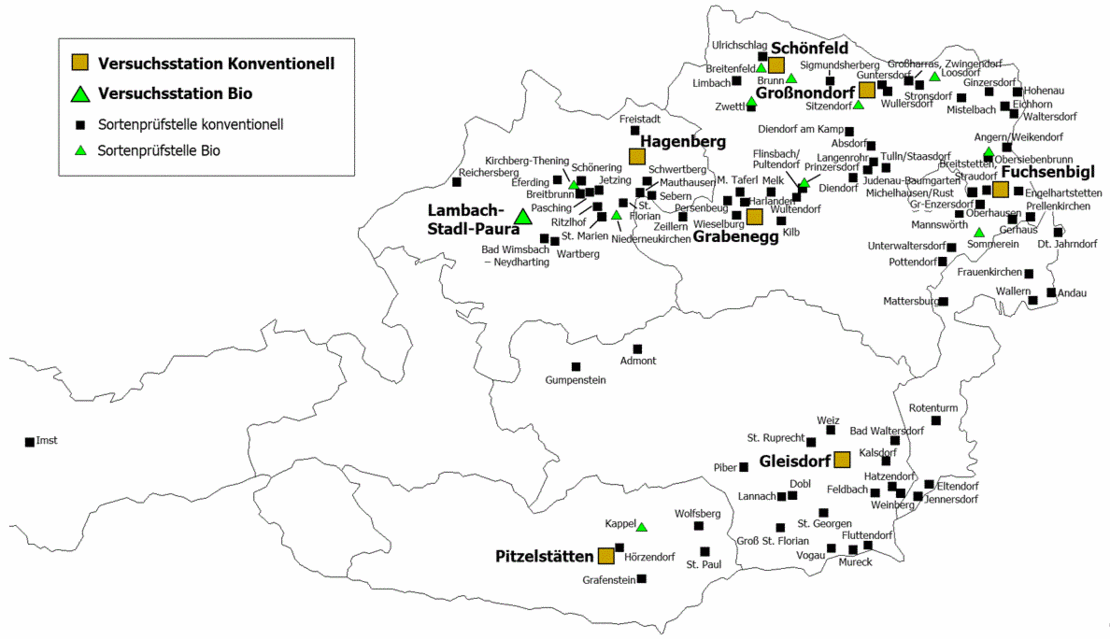 © AGES Österreichkarte auf der die Versuchsstationen eingezeichnet sind. Die Auflistung dazu befindet sich vor der Grafik.