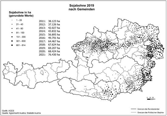 © AGES Österreichkarte, Sojabohnen-Anbaugebiete 2019 eingezeichnet nach Gemeinden und Hektar, die vorherige Tabelle enthält aktuelle Daten