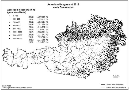 © AGES Österreichkarte, Gesamt-Anbaugebiete 2019 eingezeichnet nach Gemeinden und Hektar, die vorherige Tabelle enthält aktuelle Daten