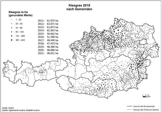 © AGES Österreichkarte, Kleegras-Anbaugebiete 2019 eingezeichnet nach Gemeinden und Hektar, die vorherige Tabelle enthält aktuelle Daten