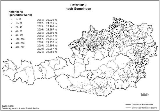 © AGES Österreichkarte, Hafer-Anbaugebiete 2019 eingezeichnet nach Gemeinden und Hektar, die vorherige Tabelle enthält aktuelle Daten