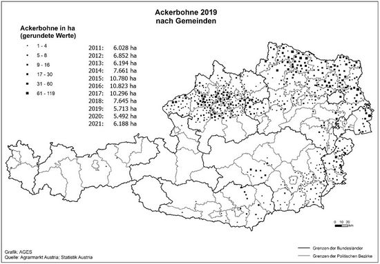 © AGES Österreichkarte, Ackerbohnen-Anbaugebiete 2019 eingezeichnet nach Gemeinden und Hektar, die vorherige Tabelle enthält aktuelle Daten