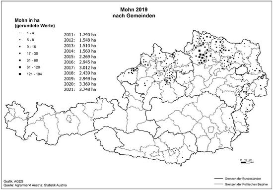 © AGES Österreichkarte, Mohn-Anbaugebiete 2019 eingezeichnet nach Gemeinden und Hektar, die vorherige Tabelle enthält aktuelle Daten