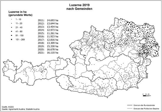 © AGES Österreichkarte, Luzerne-Anbaugebiete 2019 eingezeichnet nach Gemeinden und Hektar, die vorherige Tabelle enthält aktuelle Daten