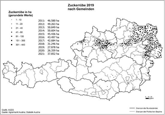 © AGES Österreichkarte, Zuckerrüben-Anbaugebiete 2019 eingezeichnet nach Gemeinden und Hektar, die vorherige Tabelle enthält aktuelle Daten